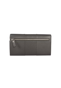 Portafoglio in pelle nera con sezioni texture e lisce, caratterizzato da una chiusura con zip e una piccola linguetta zip laterale.