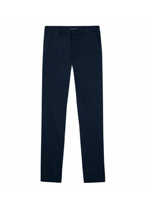 Navy blue trousers featuring a straight cut, fabric belt loops, front pockets, and a smooth texture. Button and zipper closure detail.