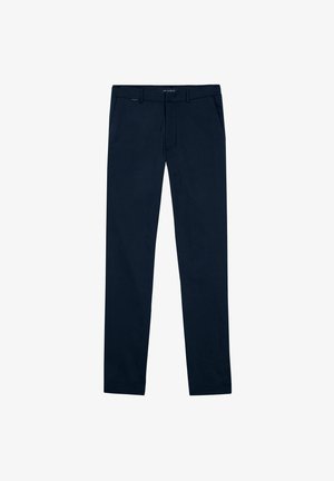 Pantalon bleu marine à coupe droite, avec passants de ceinture en tissu, poches avant et texture lisse. Détail de fermeture par bouton et zip.
