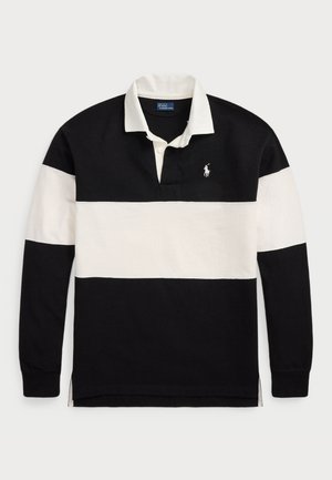 Zwart-witte lange mouwen polo-shirt met horizontale strepen, een klassieke kraag en een klein logo op de borst. Zacht katoenmateriaal.