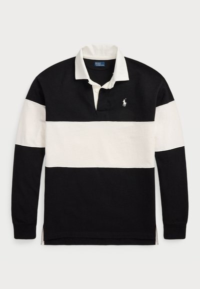 Černobílá polo košile s dlouhým rukávem, vodorovnými pruhy, klasickým límcem a malým logem na hrudi. Měkký bavlněný materiál.