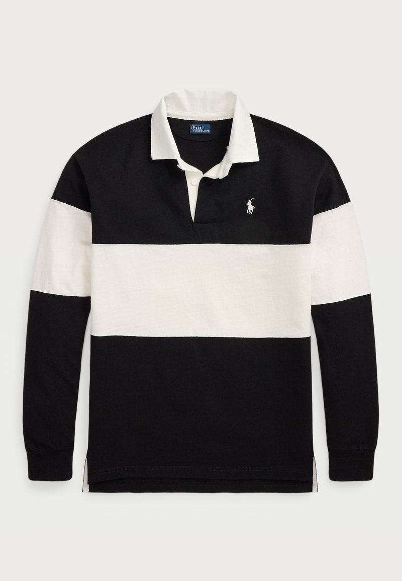 Svart og hvit langermet polo skjorte med horisontale striper, klassisk krage og liten logo på brystet. Mykt bomullsmateriale.