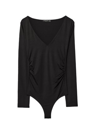 Sort langærmet bodysuit med dyb V-udskæring og rynkede sider, designet til at sidde tæt og fastnesse i bunden.