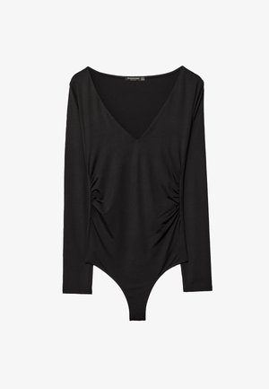 Zwarte lange mouwen bodysuit met een diepe V-hals en gerimpelde zijkanten, ontworpen voor een strakke pasvorm en met een sluiting aan de onderkant.
