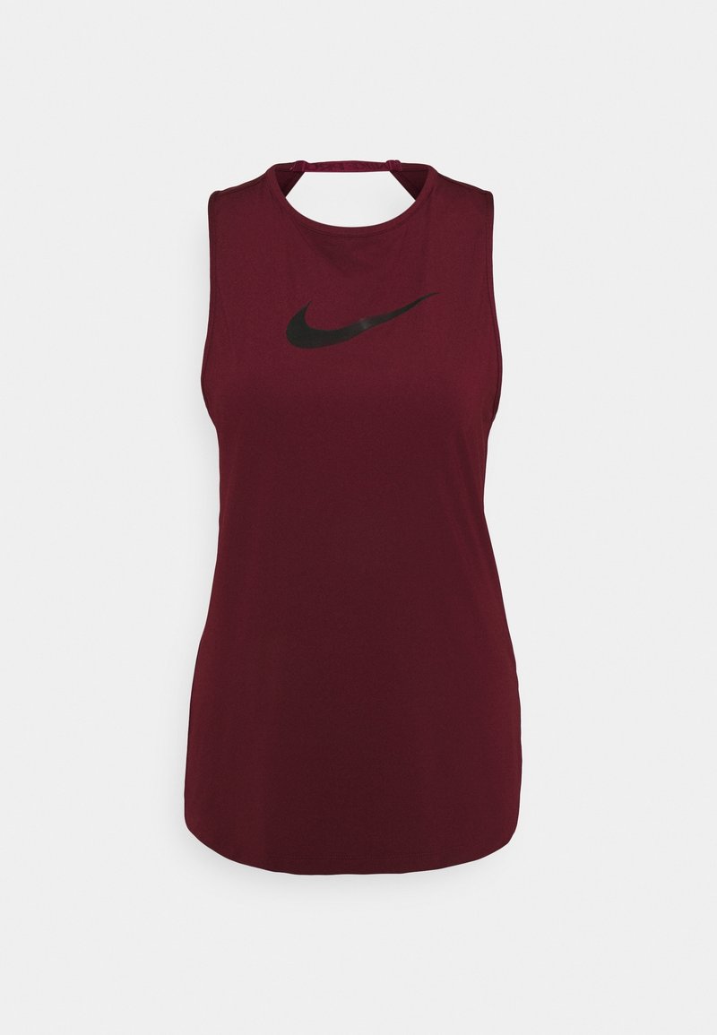 Haut de sport sans manches bordeaux avec col rond et logo Nike Swoosh noir centré sur la poitrine.