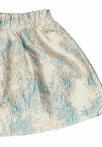 Light blue and cream skirt with a textured, crinkled pattern. Features an elastic waistband for comfort and a flared silhouette.