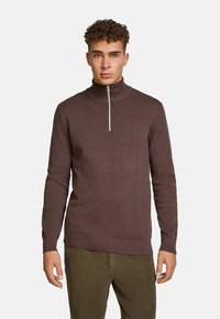 Mann trägt braunen, texturierten Halb-Reißverschluss-Pullover und olivgrüne Hose, steht vor einfarbigem hellgrauem Hintergrund.