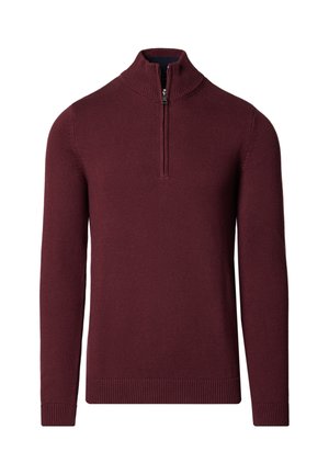 Bordowy sweter z dzianiny z wysokim kołnierzem i zamkiem na ćwiartkę, z prążkowanymi mankietami i dołem, gładką fakturą i długimi rękawami.