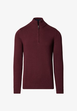 Bordowy sweter z dzianiny z wysokim kołnierzem i zamkiem na ćwiartkę, z prążkowanymi mankietami i dołem, gładką fakturą i długimi rękawami.