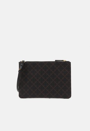 Black textured clutch bag with a diamond pattern, featuring a zip closure and detachable strap. Gold hardware accents on the zipper.