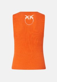 Top arancione a costine senza maniche con scollatura rotonda e logo di un faccina sorridente bianca sul retro. Texture liscia e design aderente.