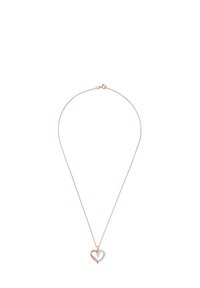 Collana in oro rosa con un pendente a forma di cuore, metà del quale è decorato con pietre bianche. La catena è sottile e delicata, con chiusura a gancio.