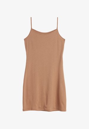 Robe sans manches marron avec de fines bretelles, fabriquée en tissu doux. Présente une coupe simple et droite avec une texture lisse, sans motifs ni ornements.