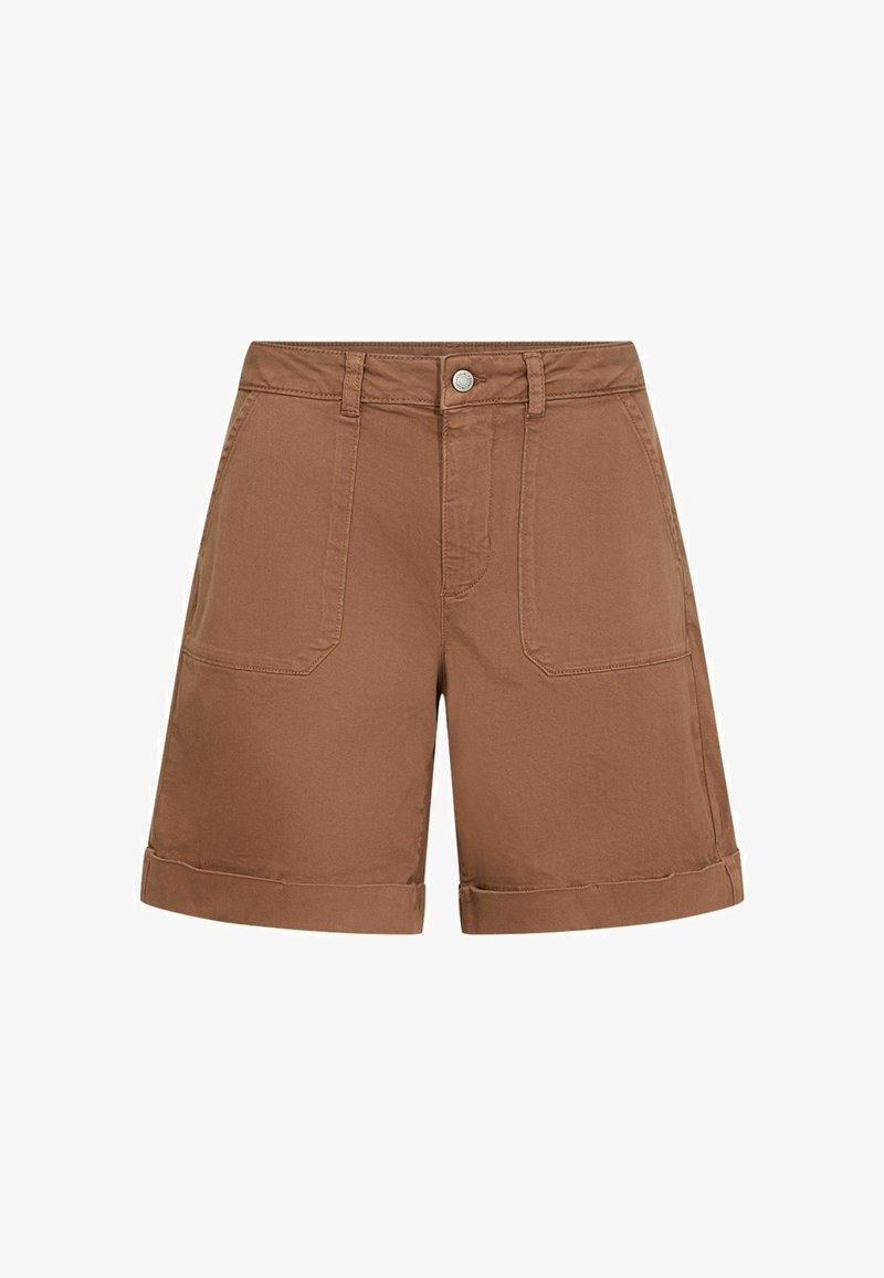 Shorts en coton brun avec poches plaquées à l'avant, passants pour ceinture, fermeture par bouton et ourlets retournés.