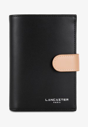 Black wallet made of smooth leather, featuring a tan clasp. Front displays "LANCASTER PARIS" in white lettering at the bottom.