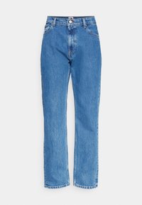 Vaqueros de tiro alto, de color azul y confeccionados en denim, con un corte recto, bolsillos frontales y cierre con botón y cremallera.