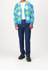 Hombre vestido con un cárdigan a rayas en azul, verde y blanco sobre una camiseta blanca, jeans azules y zapatillas negras, de pie sobre un fondo blanco liso.