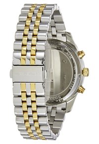 Orologio in acciaio inossidabile argento e oro con bracciale a maglie bicolore e quadrante tondo; presenta pulsanti e una corona sul lato.