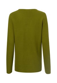 Langärmliger olivgrüner Pullover mit schlichter Textur, Rundhalsausschnitt und normaler Passform. Aus leichtem Strickstoff erhältlich.