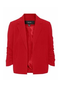 Punainen räätälöity bleiseri, jossa on sileä kangaspinta, avoin etuosa ja kolme neljäsosaa hihat, joissa on pieni rypytys hihoissa.