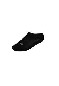 Calzino nero a taglio basso con superficie testurizzata, bordi lisci e punta rinforzata. Presenta un logo sottile in una tonalità più chiara.