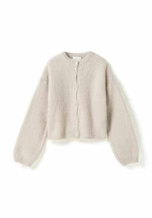 Cárdigan de punto beige con textura peluda, mangas largas tipo globo, cuello redondo y cierre frontal con botones.