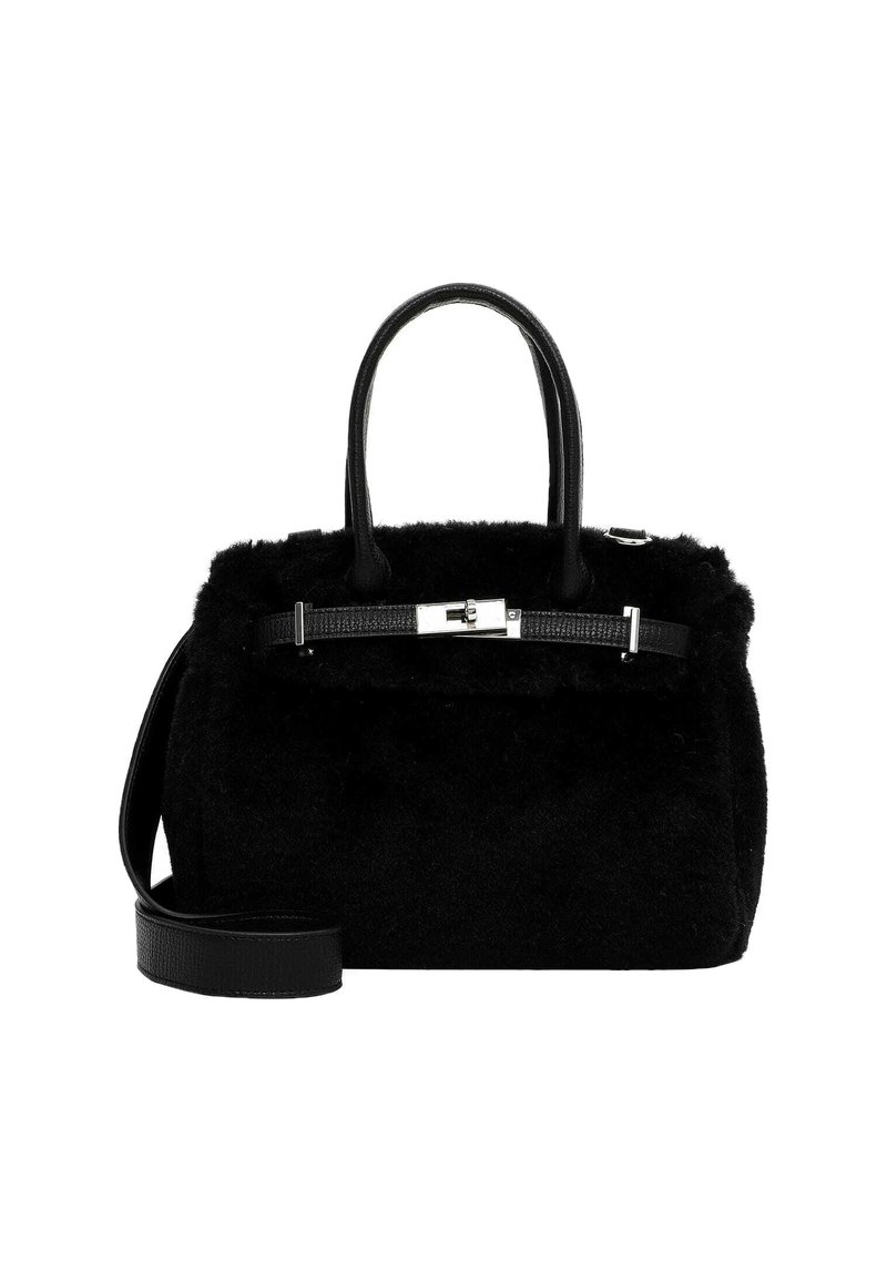 Borsa tote nera realizzata in materiale morbido e peloso con dettagli in pelle. Presenta due manici e una tracolla rimovibile per maggiore versatilità.