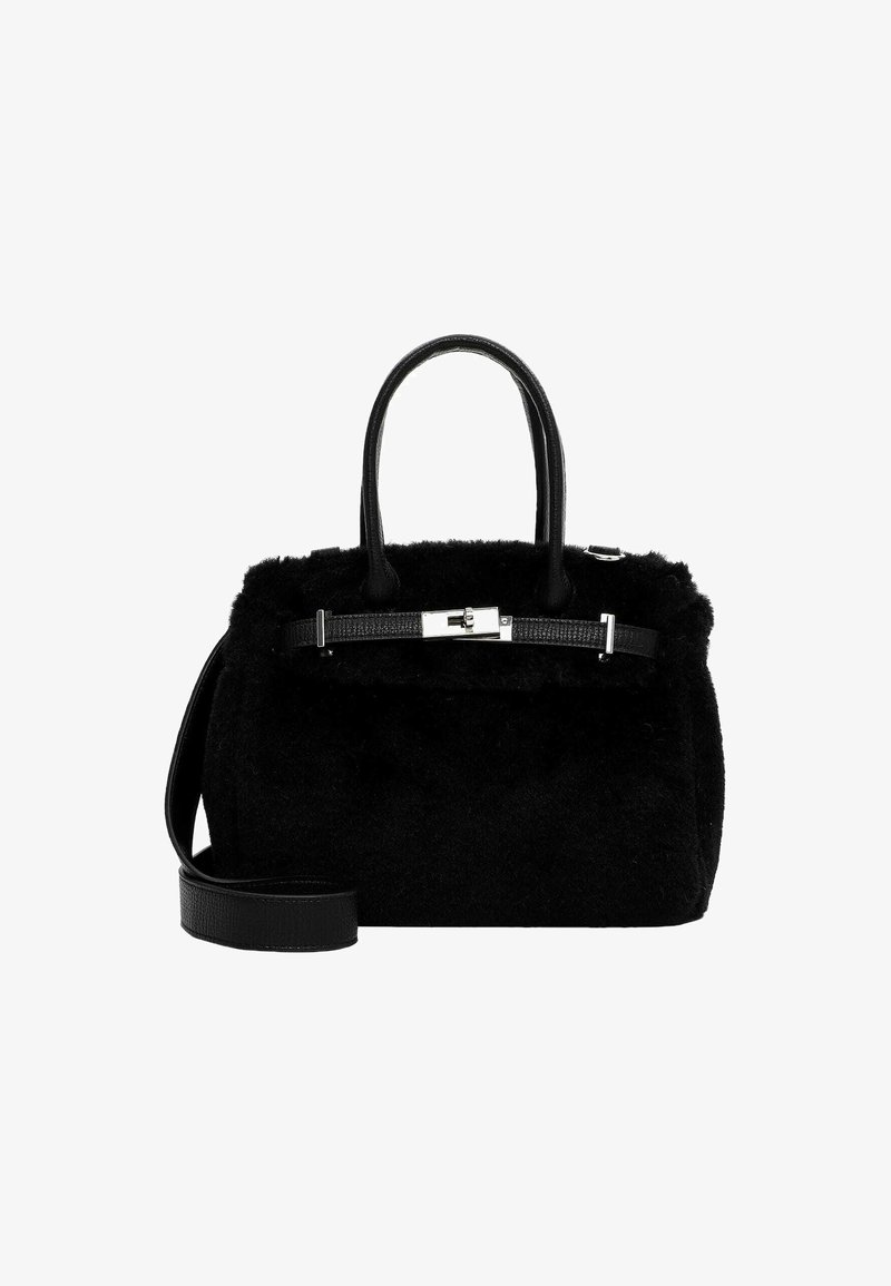 Black tote bag made of soft, furry material with leather accents. Features two handles and a detachable crossbody strap for versatility.