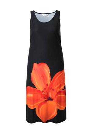 Ærmeløs kjole i sort stof med et stort rødt-orange blomsterprint på forsiden. Glat tekstur og afslappet pasform.