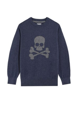 Suéter de manga larga color azul marino con un gran gráfico de calavera y tibias cruzadas en la parte frontal, y puños y dobladillo acanalados.