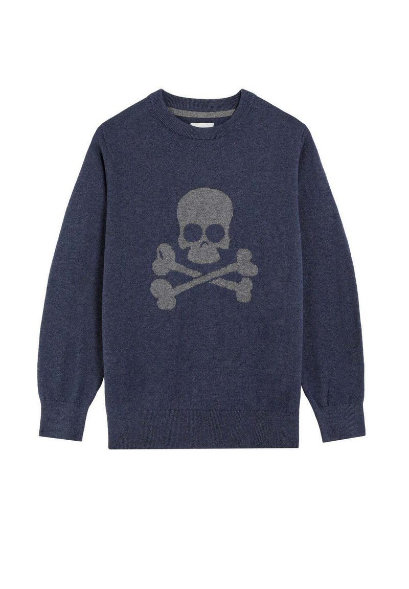 Navyblauwe sweater met lange mouwen, voorzien van een grote grijze doodskop en gekruiste botten op de voorkant, met ribgebreide boorden en zoom.