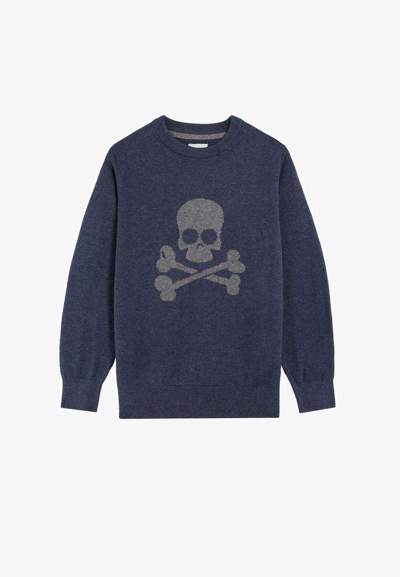 Marineblauer Langarmpullover mit einem großen grauen Totenkopf- und Querknochen-Design auf der Vorderseite sowie gerippten Manschetten und Saum.