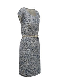 Marinekleid mit weißem Blumenmuster, Rundhalsausschnitt, kurzen Ärmeln und einem Bindegürtel in der Taille. Glattes Material mit entspannter Passform.