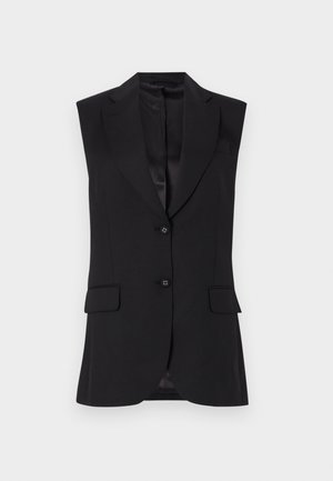 Sort ærmeløs blazer med slagkrave, to frontlommer og enkeltknaplukning. Glat tekstur og skræddersyet design.