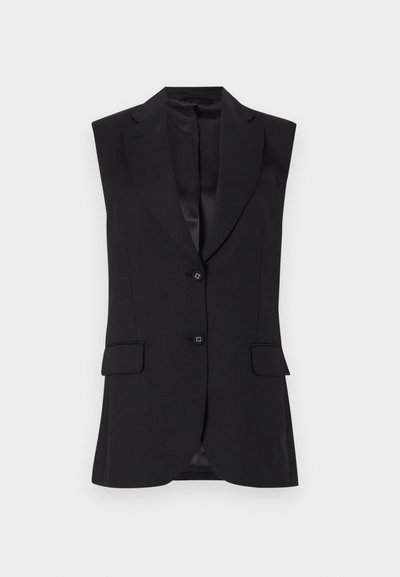 Schwarze ärmellose Blazerjacke mit Reverskragen, zwei vorderen Taschen und Ein-Knopf-Verschluss. Glatte Textur und taillierte Passform.