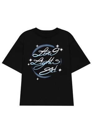 Black short-sleeve t-shirt featuring white and blue graphic text "La9 Lights Std." with star accents and circular design elements.