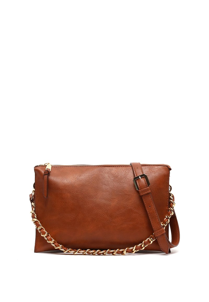 Brown faux leather clutch bag with a gold chain accent, structured shape, zip closure, and detachable strap for versatility.