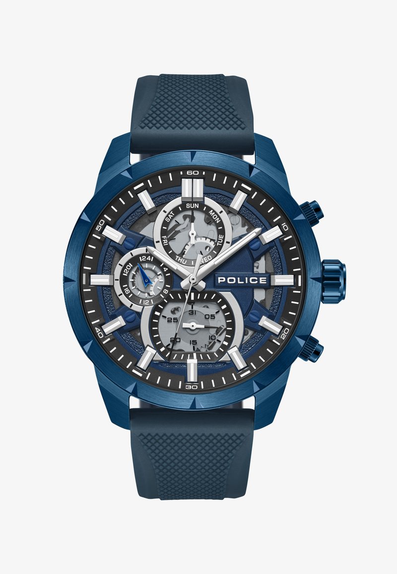 Zils hronogrāfs pulkstenis ar strukturētu gumijas siksnu, vairākiem ciparnīcām un sudraba akcentiem. Iekļauj dienas un datuma rādītāju un kontrastējošas tekstūras.