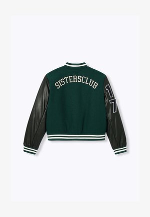 Veste universitaire vert foncé avec manches en cuir noir, poignets à rayures blanches, texte "SISTERSCLUB" au dos et numéro "17" sur la manche droite.