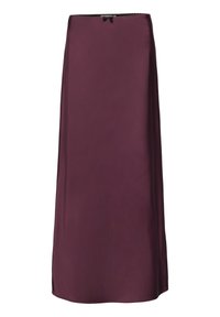 En lång, flödande kjol i djupt burgundyröd satin, med en subtil glans, en mjuk textur och en bakre dragkedja med en liten rosett som detalj.