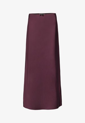 A long, flowing skirt in deep burgundy satin, featuring a subtle sheen, a smooth texture, and a back zipper with a small bow detail.