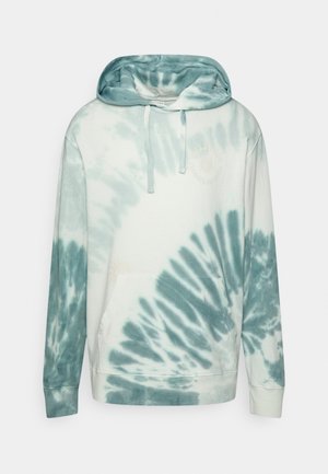 Jasnoniebieska i biała bluza z kapturem z efektem tie-dye, z przednią kieszenią, kapturem ze sznurkami oraz subtelną, okrągłą grafiką na piersi.