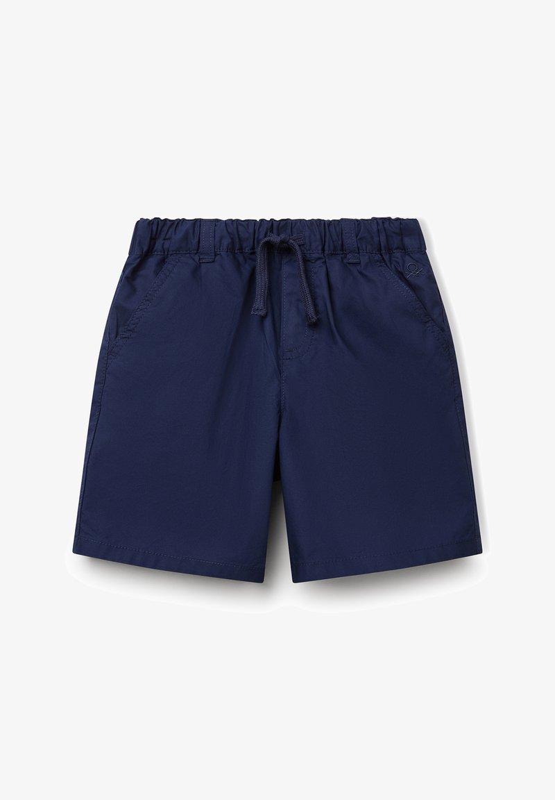 Shorts de bain bleu marine avec taille élastique et cordon de serrage, dotés de deux poches latérales et d'un tissu léger et lisse.