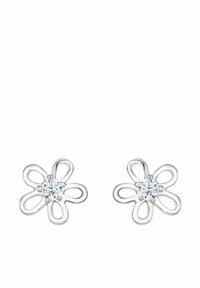 Silver blommformade örhängen med en central klar ädelsten och böjda kronbladsliknande detaljer runt stenen.