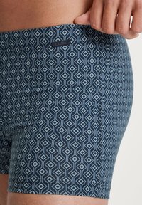 Heren shorts in donkerblauw met een geometrisch ruitpatroon in lichtblauw. Gemaakt van zachte, rekbare stof met een logotag op de tailleband.