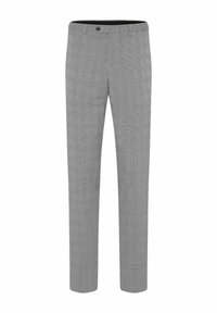 Pantalon de costume pour homme, coupé près du corps, gris à carreaux, avec fermeture par boutons à l'avant et passants de ceinture, présenté sur fond blanc.