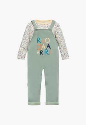 Mono verde con una textura suave, con letras coloridas bordadas "ROO OAA ARR!" y una camiseta de manga larga de color crema con un patrón de dinosaurios.