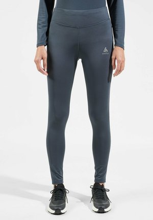 Dehnbare, dunkelgraue Leggings mit hoher Taille und Logodetail. Sie verfügen über eine glatte, matte Textur und ein eng anliegendes Design, ideal für sportliche Aktivitäten.