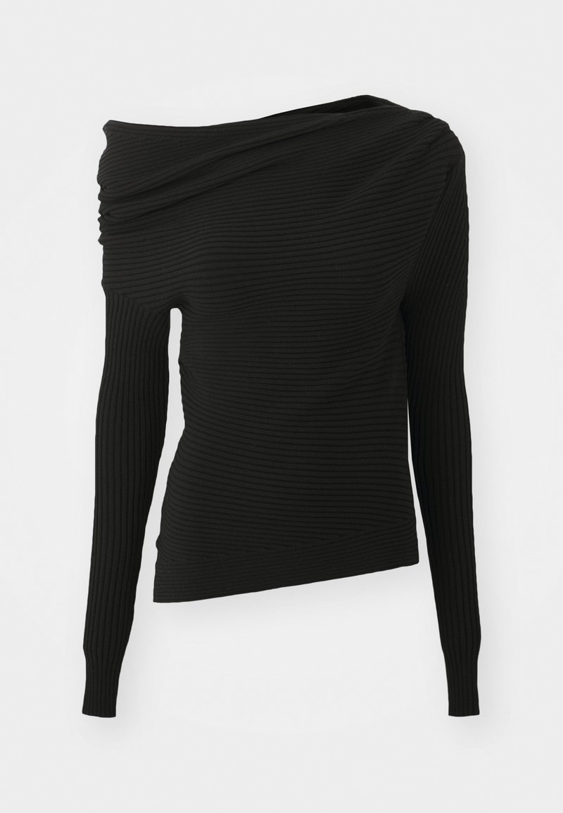 Haut noir à manches longues avec texture côtelée. Design asymétrique avec une épaule drapée. Silhouette ajustée et ourlet droit.