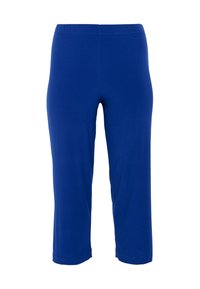 Blauwe, cropped leggings van rekbaar materiaal met een elastische tailleband. Heeft een gladde textuur en geen extra patronen of hardware.